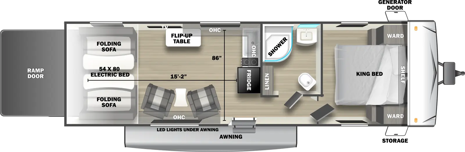 The Shockwave 2750RLX is a toy hauler that has one entry and zero slide outs. Exterior features include: fiberglass exterior and awning. Interiors features include: front bedroom.